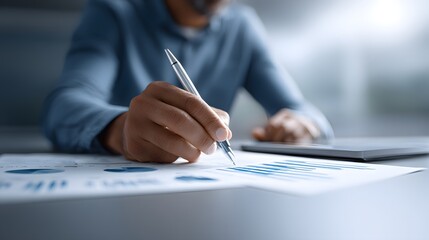 A consultant reviewing financial charts and graphs on printed documents, with a pen in hand, highlighting important data, with generous copy space