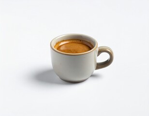 Fototapeta premium Espresso coffee in a ceramic mug, perfectly brewed and ready to be enjoyed. Shadow on white backdrop. Aromas filling the air, promising an invigorating experience