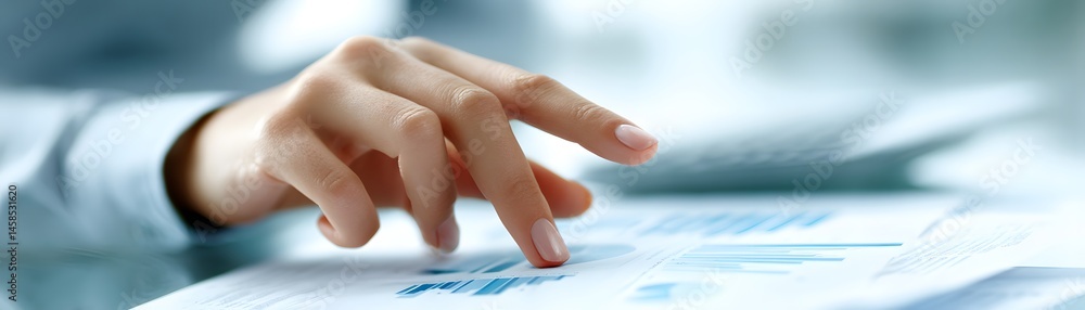 Poster a consultant's hand pointing to important data on financial documents with various charts, surrounde