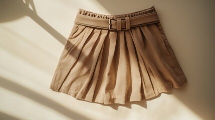 Classic khaki belt skirt styled neatly on a pale yellow backdrop