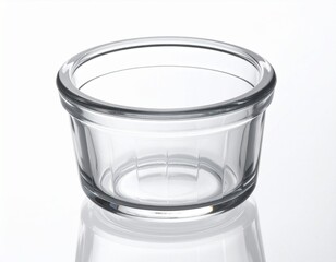 A close-up of an empty, transparent glass ramekin with a rounded rim. The light reflects on its surface, showcasing its smooth appearance