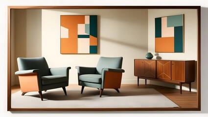 Mid-Century Modern Living Room Interior with Vintage Armchairs, Wooden Furniture and Retro Color Accents