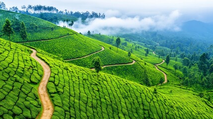 Fototapeta premium Lush tea plantation landscape. Winding roads through vibrant green tea fields, misty mountains
