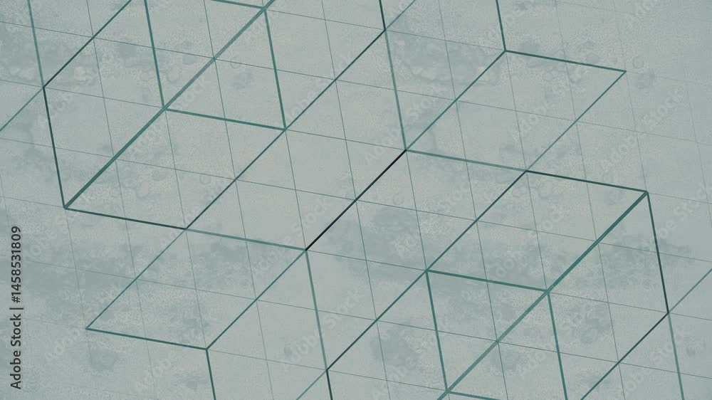 Poster Dynamic seamless loop animation of a symmetrical pattern of rectangles transformed into abstract structures on a grid of diamonds. Gray background emphasizes the symmetrical composition. 3d rendering