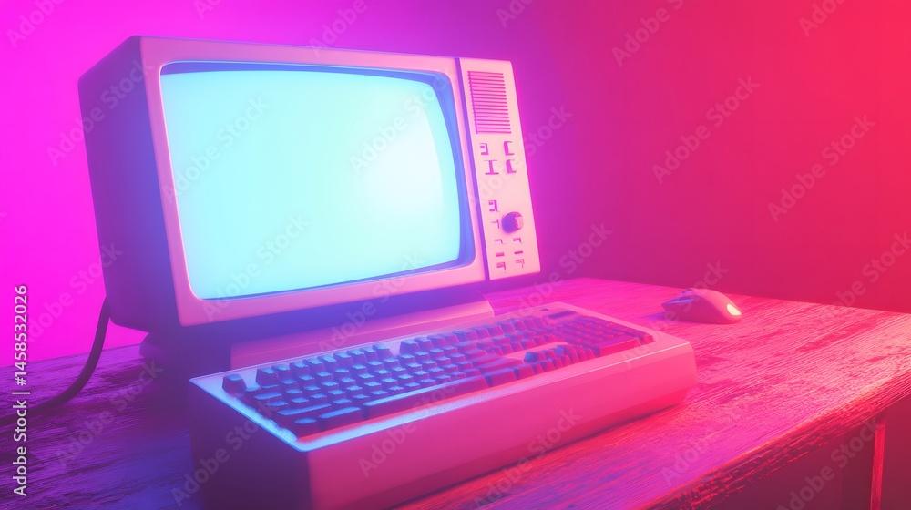 Aufkleber retro computer system illuminated by vibrant colors.