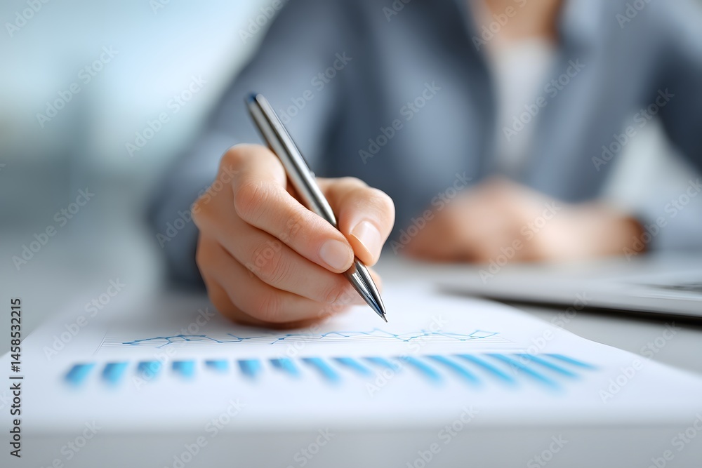 Poster detailed view of financial charts and graphs on paper documents, with a consultant analyzing data an