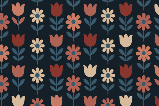Fototapeta Vintage Folk Art Floral Seamless Pattern with Tulips and Daisies on Dark Background