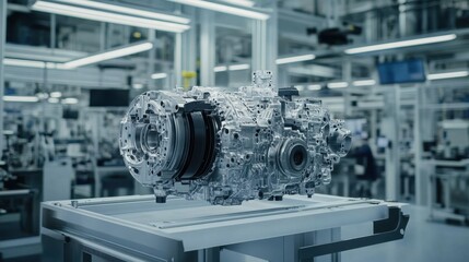 Detailed automotive gearbox components set out on an assembly line