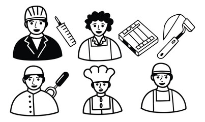 "Professional Occupations Icons Set - Vector Illustrations of Workers in Healthcare, Construction, Culinary, and Industry"