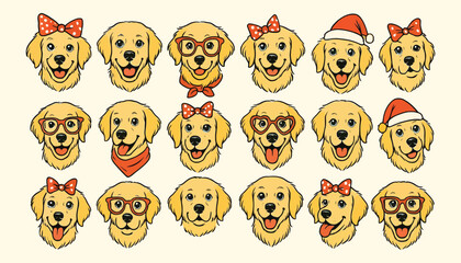 Cute Golden Retriever Dog Faces with Glasses, Bows, and Santa Hats - A Set of Vector Cliparts