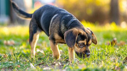 A charming Beagle Pug mix dog (Puggle) with a tricolor coat (black, tan, white), excitedly sniffing the ground in a grassy park