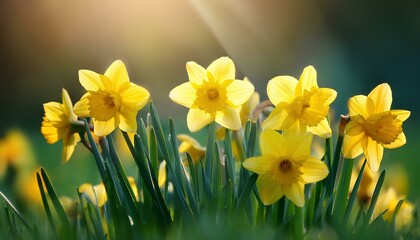 yellow daffodils on green grass in spring