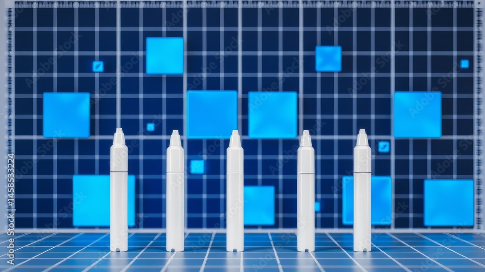 Poster four white cylindrical objects stand in front of a blue grid background displaying bright blue squar