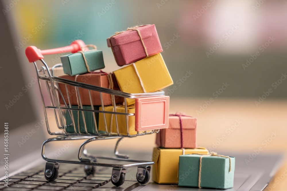 Poster Colorful Shopping Cart Filled With Boxes Displayed on Online Checkout Page During Digital Purchase Generative AI