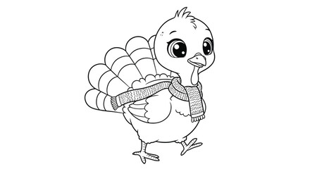 Obraz premium Charming Cartoon Turkey Chick Illustration with Scarf for Engaging Kids Autumn Coloring Sheets