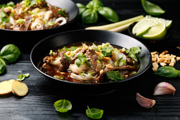Thai Boat Noodle Soup with beef and vegetables. Kuai Tiao Ruea