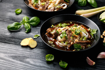 Thai Boat Noodle Soup with beef and vegetables. Kuai Tiao Ruea