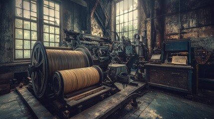 Large spools of raw material feeding into manufacturing machinery