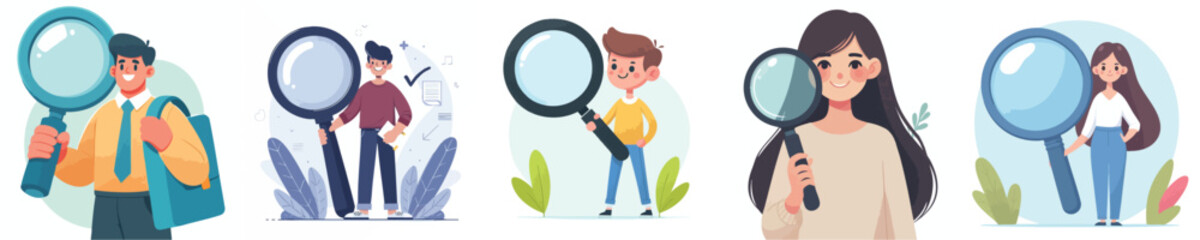 vector of young men and women holding magnifying glasses
