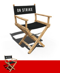 cinema chair with the text ON STRIKE written on the backrest - 3D rendering - transparent background