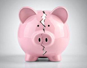 A cracked piggy bank shows financial strain.