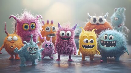 Obraz premium Vibrant, fluffy creatures with expressive faces in a group.