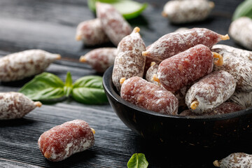 Mini Salami Snacks in bowl. Salami Appetizer Bites. Healthy food