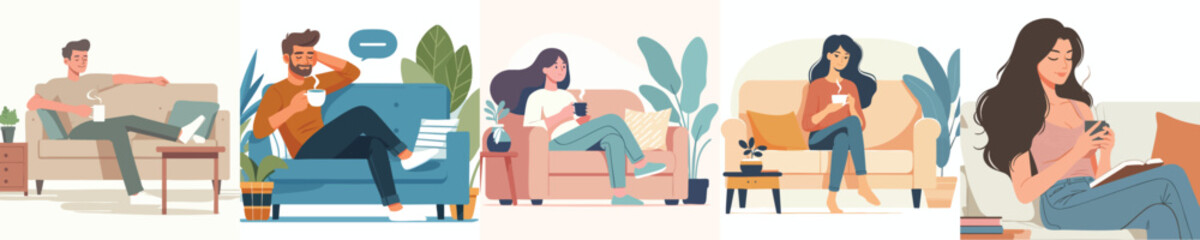 vector young man and woman sitting on the sofa drinking coffee