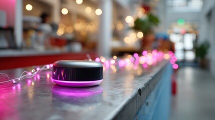 Modern smart speaker with colorful LED lights on wooden table in cozy cafe setting