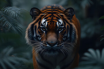 Fototapeta premium Majestic Tiger in Jungle Setting for Wildlife Conservation and Nature Photography