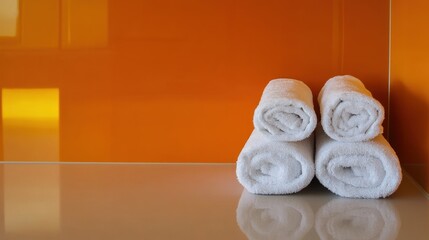 Rolled decorative towels layered on a smooth, vivid orange backdrop