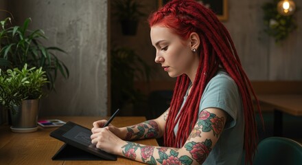Stylish woman with red hair drawing on tablet in modern cafe  