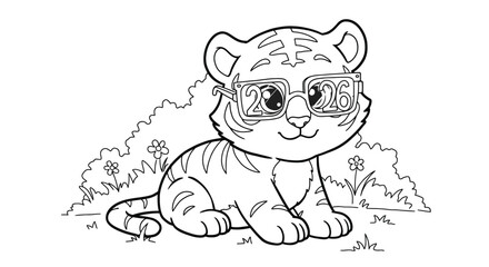 Adorable Tiger Cub Wearing Celebration Glasses Coloring Page For Children