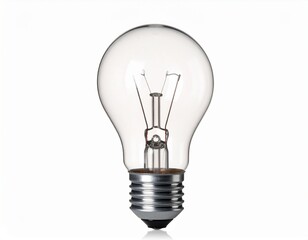 A close-up shot of a classic clear lightbulb on a white backdrop, showcasing its filament and screw base