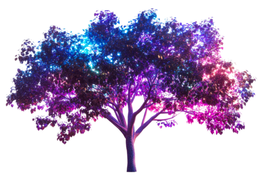 Radiant foliage tree, sparkling leaves, neon colors, isolated, cut out transparent