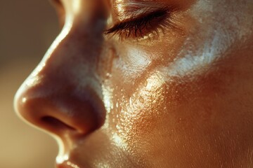 Close-up of a person's face with closed eyes and glistening, dewy skin in warm lighting.