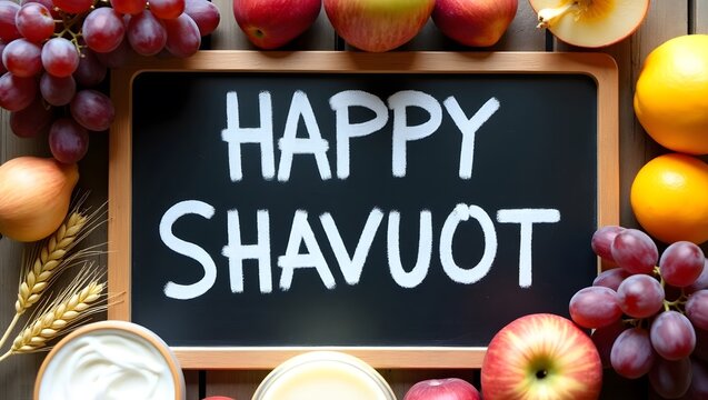 Happy shavuot message with fruits and dairy products