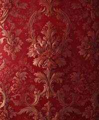Crimson damask wallpaper, opulent floral details, repeat, vintage