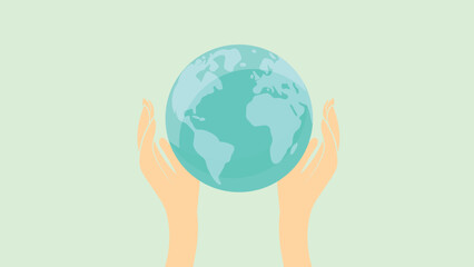 Earth day illustration of a hand holding planet earth globe with green background