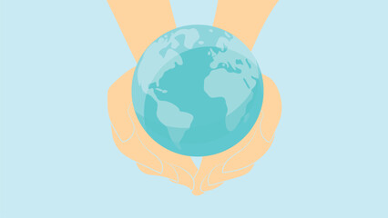 Earth day illustration of a hand holding planet earth globe with blue background