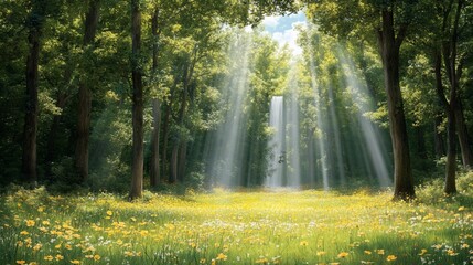 Fototapeta premium Sunlight streams through a forest glade filled with wildflowers