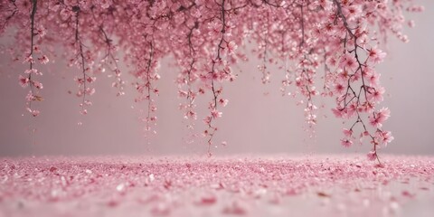 Obraz premium Mesmerizing cascade of pink sakura petals against a blurred, pastel backdrop , mesmerizing, blur