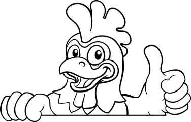 A chicken cartoon rooster cockerel bird mascot peeking over a sign with copyspace
