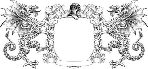 Dragons coat of arms or crest family heraldry medieval heraldic knight shield with helmet and acanthus filigree scroll ornament in a vintage woodcut style.