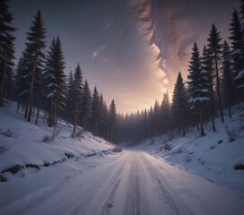 Fototapeta premium winding road through snowy forest, dramatic sunrise and milky way above , wallpaper, light