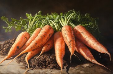 Morning-lit close-up of earthy carrots freshly harvested