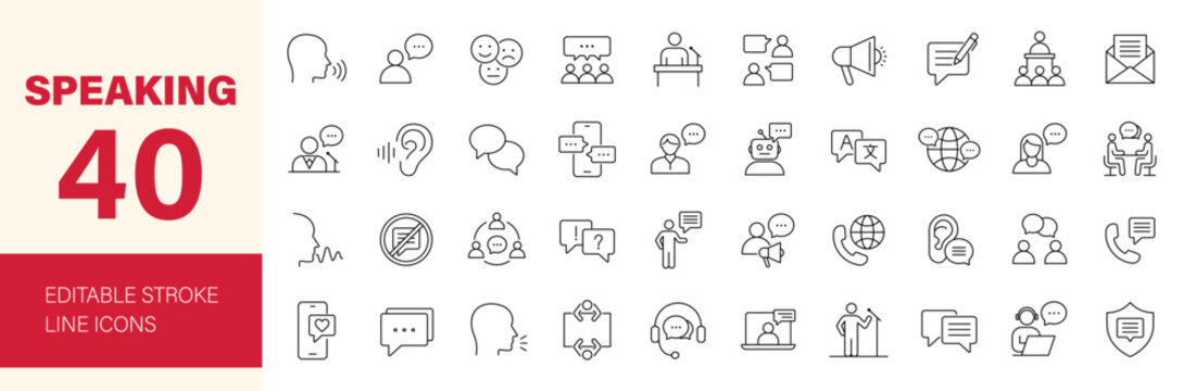 Speaking icon set. Containing dialogue, communication, talk, speech, discussion, chat, conference, meeting, voice, speech bubble, support and more. Editable line icons. Vector illustration.