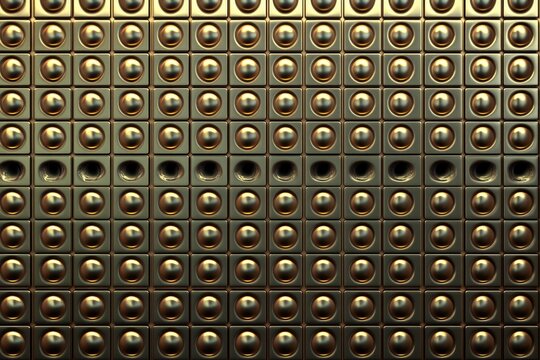 Golden Geometric Pattern with Embedded Circles and Holes - Powered by Adobe