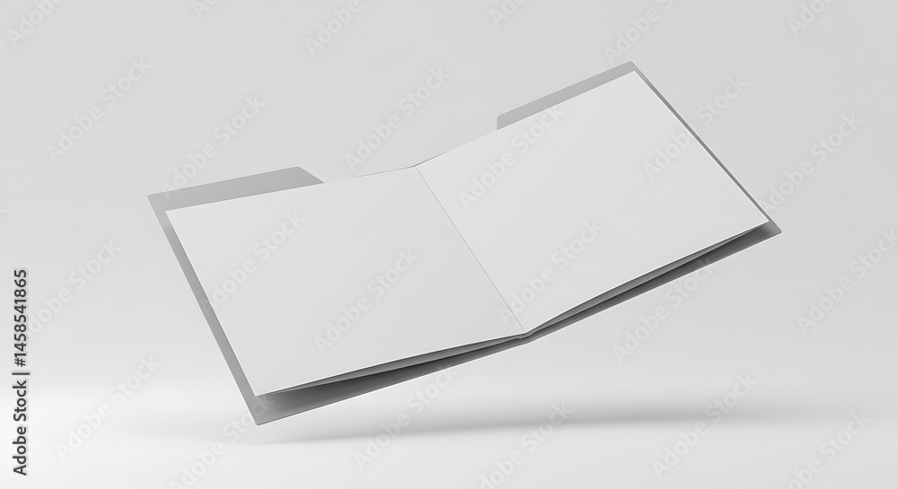 Poster minimalist presentation of an open white folder floating in a bright backdrop