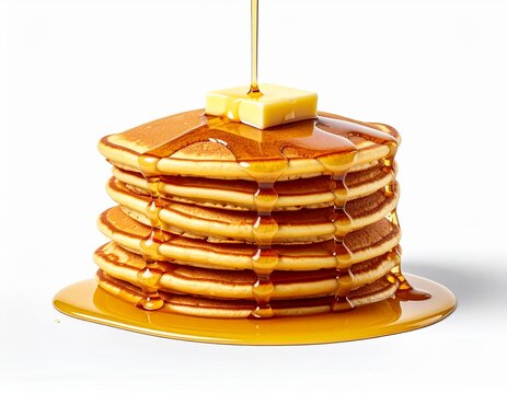 Stack of golden pancakes topped with butter and syrup, isolated on white background. Syrup drizzle cascades down